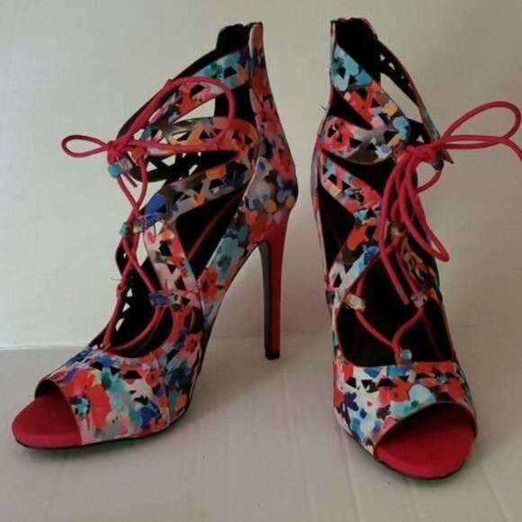 STILETTO HEELS PUMPS SHOES Pink Floral Peep Toe Lace Up Qupid Women's WOMAN'S 10 - Picture 4 of 16